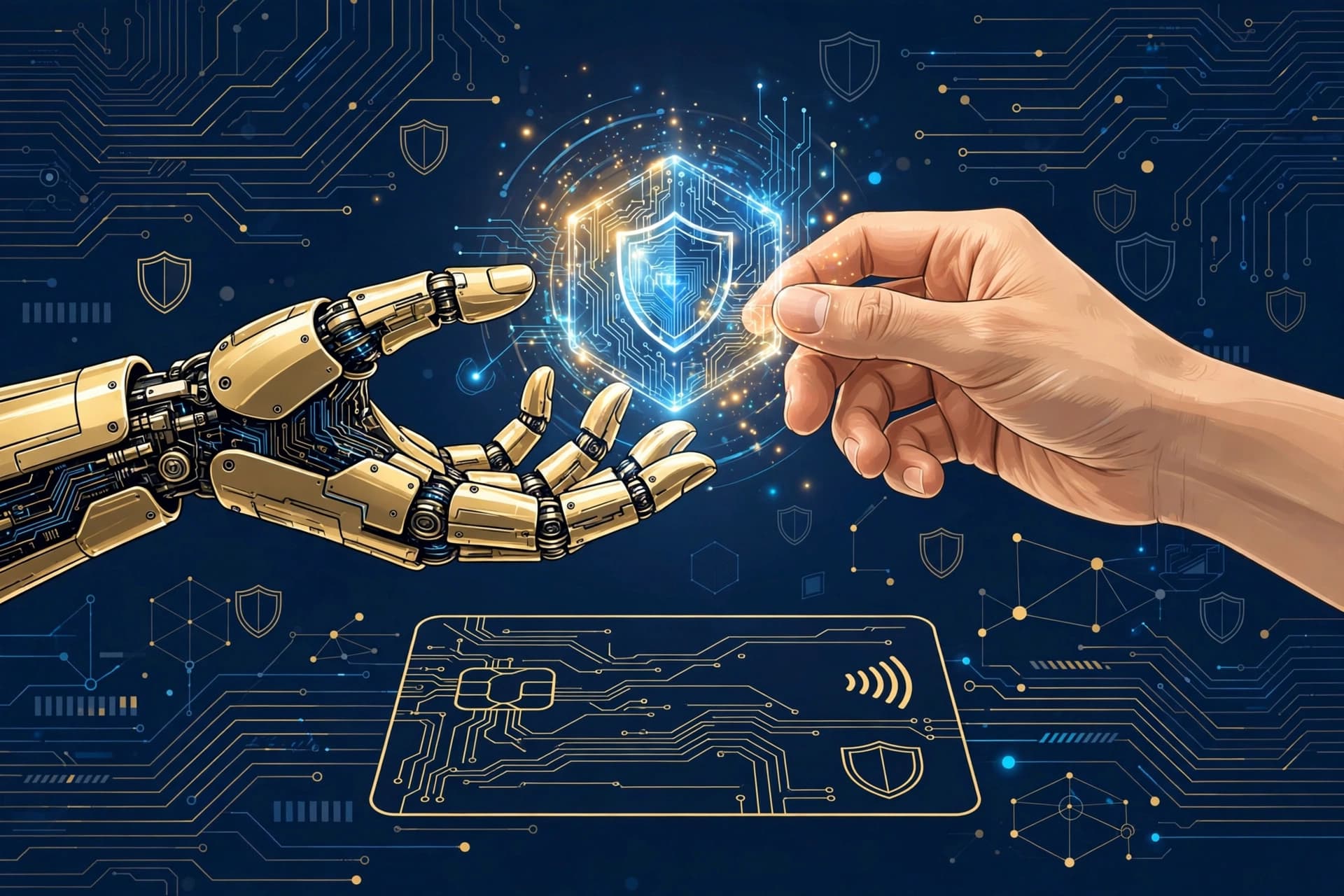 AI agent completing a secure payment — editorial illustration